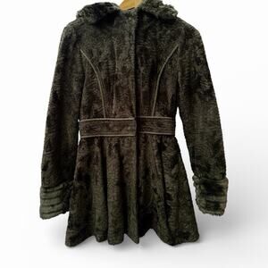 Laundry by Shelli Segal Faux Fur Fit & Flare Hooded Coat Size XS Black Warm Cozy